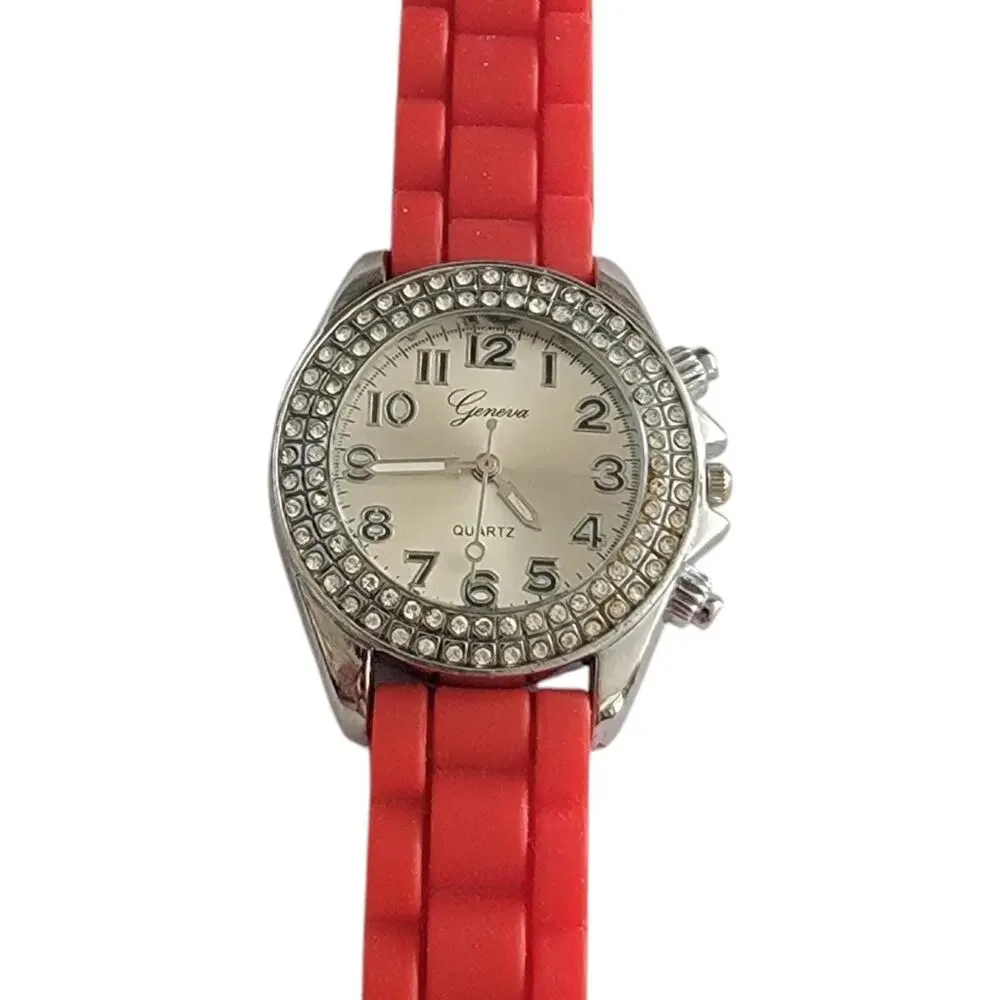 Geneva Womens Watch Silver Dial Silver Case Red Silicone Strap Quartz ZC-1111